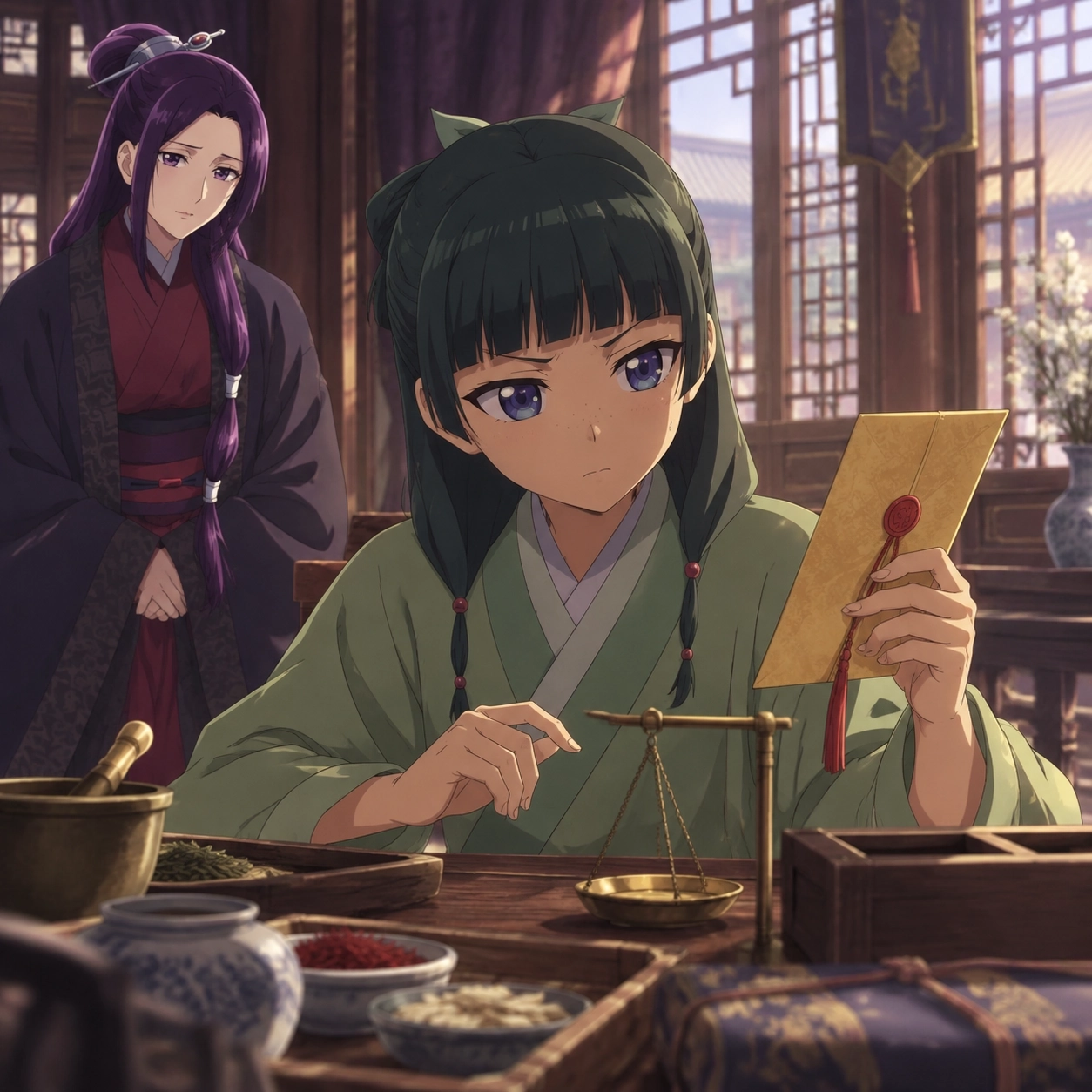 Maomao weighing a sealed palace invitation against her apothecary tools while Ah-Duo watches from a distance