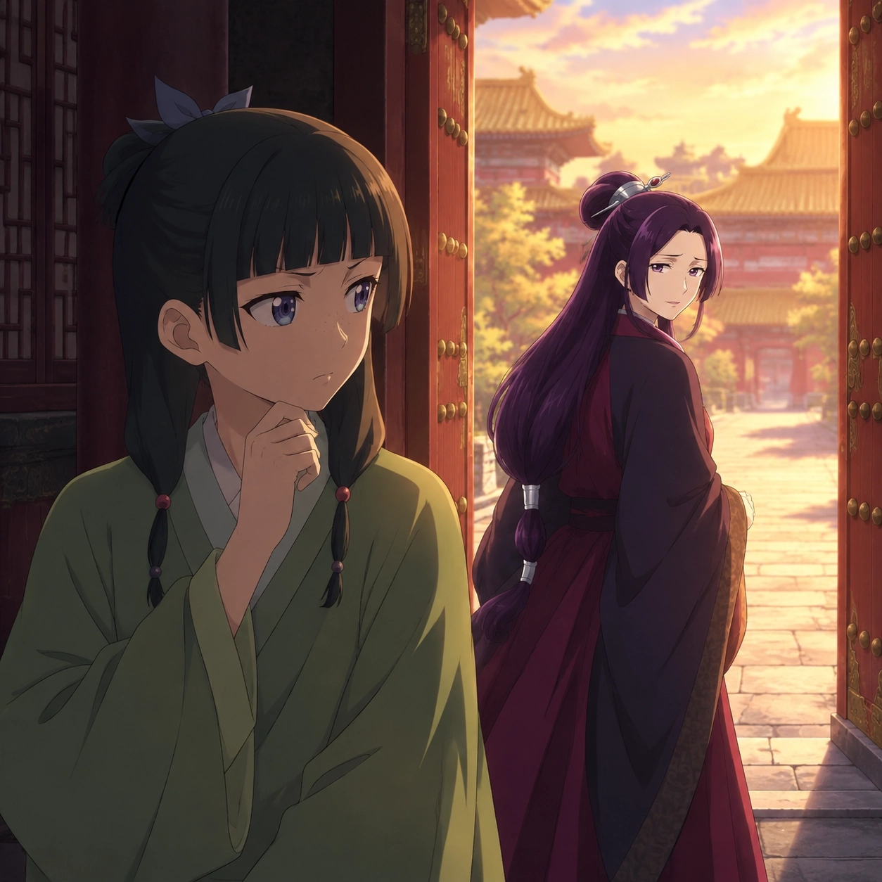 An open palace gate behind Maomao as Ah-Duo leaves her the choice to stay or escape