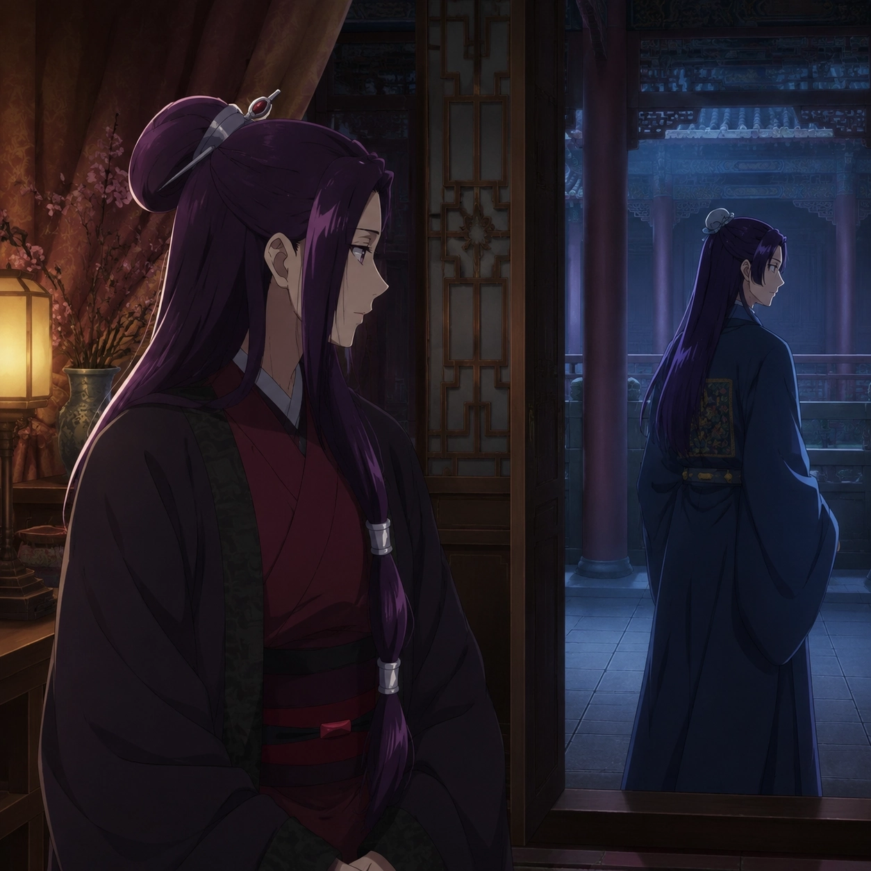 A quiet palace threshold symbolizing Ah-Duo's private truth and Jinshi's public role