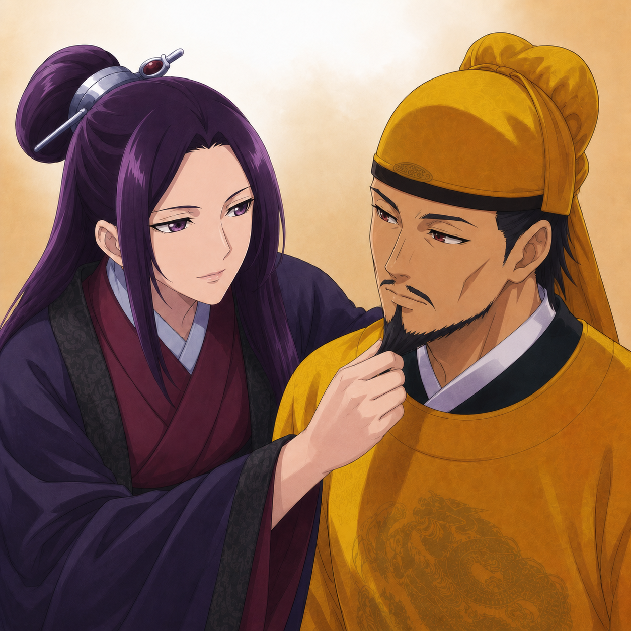 Ah-Duo playfully handling the Emperor's beard in a palace friendship scene