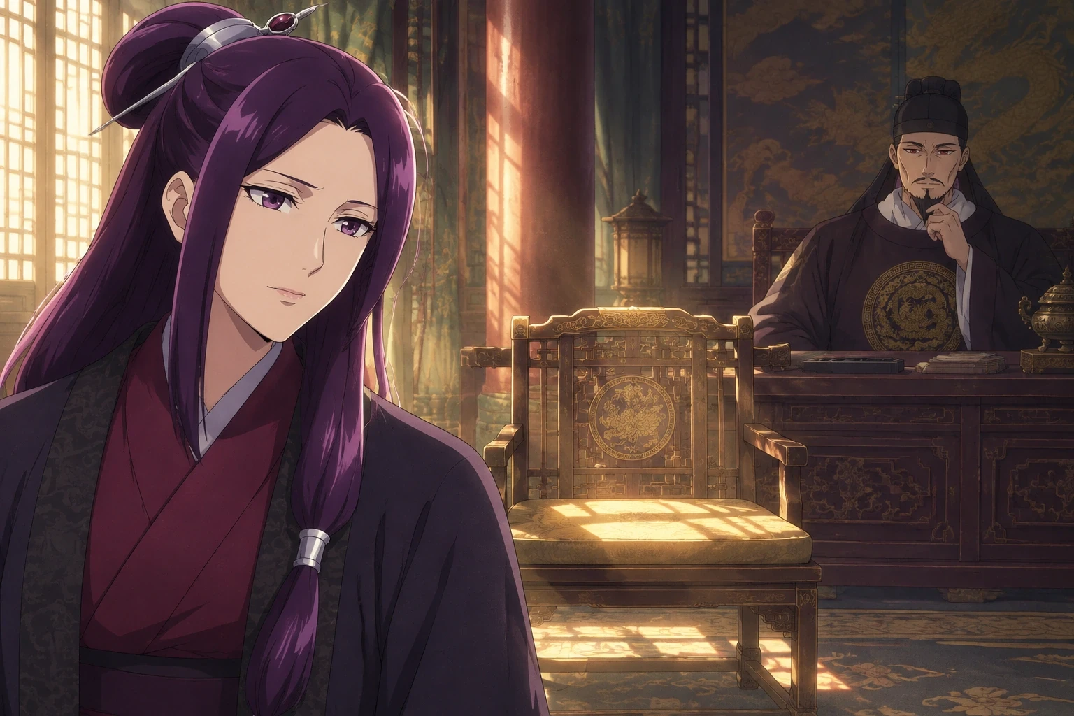 Ah-Duo beside an empty ceremonial chair, with the Emperor seated at his desk in the background
