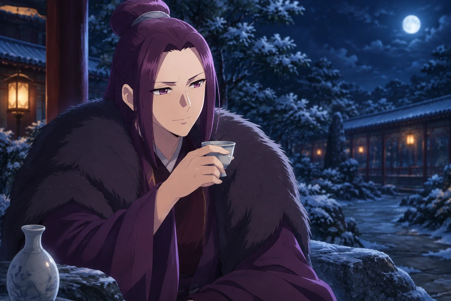 Ah-Duo wearing a fur cloak and holding a wine cup in a moonlit garden