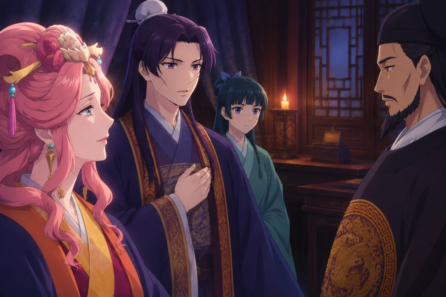 Gyokuyou, Jinshi and Maomao facing the Emperor in a palace room