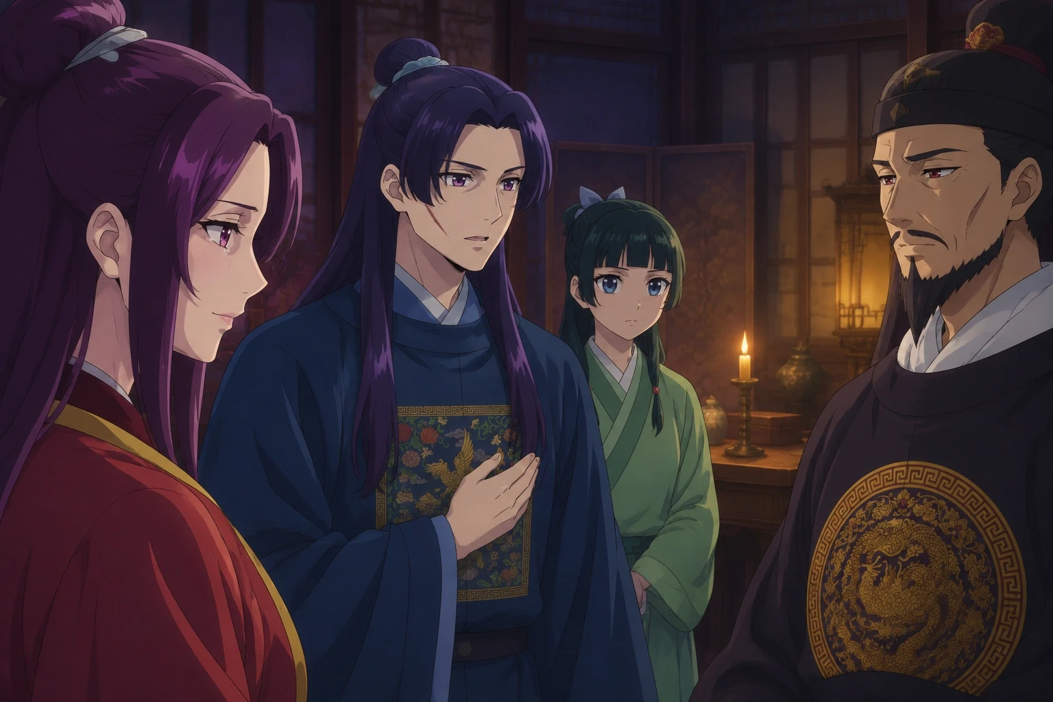Ah-Duo, Jinshi, Maomao and the Emperor meeting in a candlelit palace room