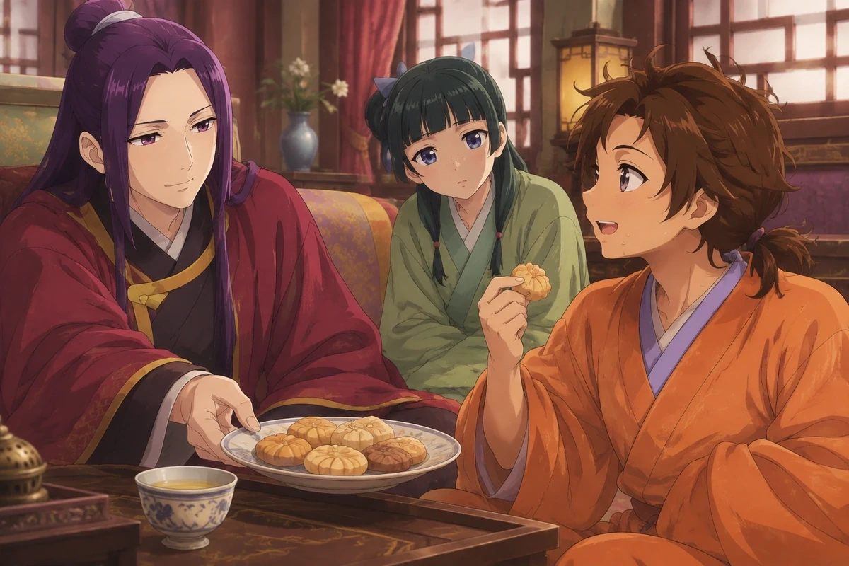 Ah-Duo offers pastries to Chue and Maomao in a private palace room.