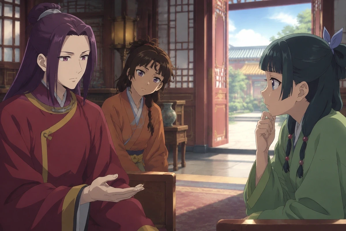 Ah-Duo offers Maomao a way to leave while Chue listens in the palace room.