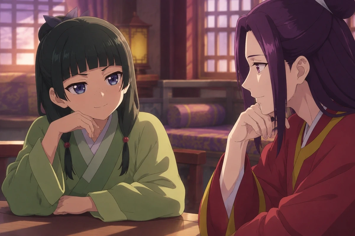 Ah-Duo and Maomao discuss Jinshi's future in a quiet palace room.