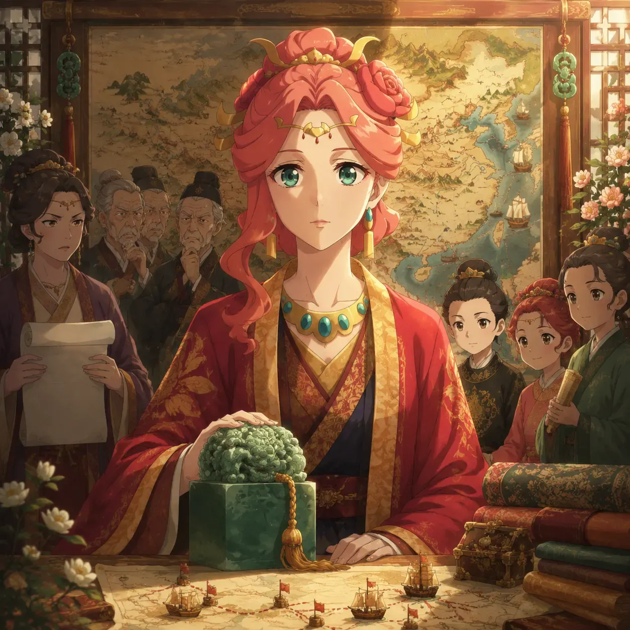 Original editorial image of Empress Gyokuyou with a jade seal, western map, and family network