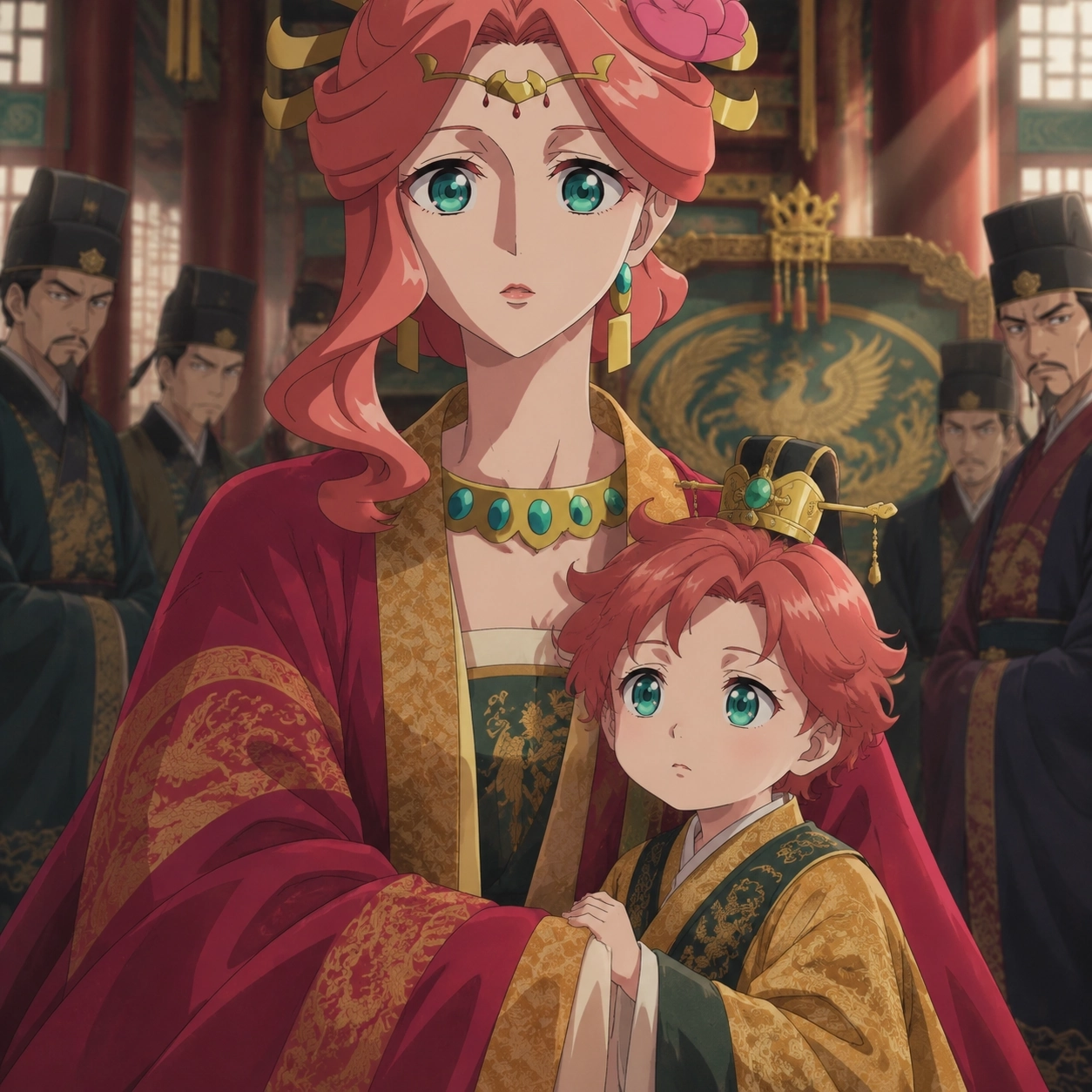 Gyokuyou shelters her young son as court officials weigh his succession