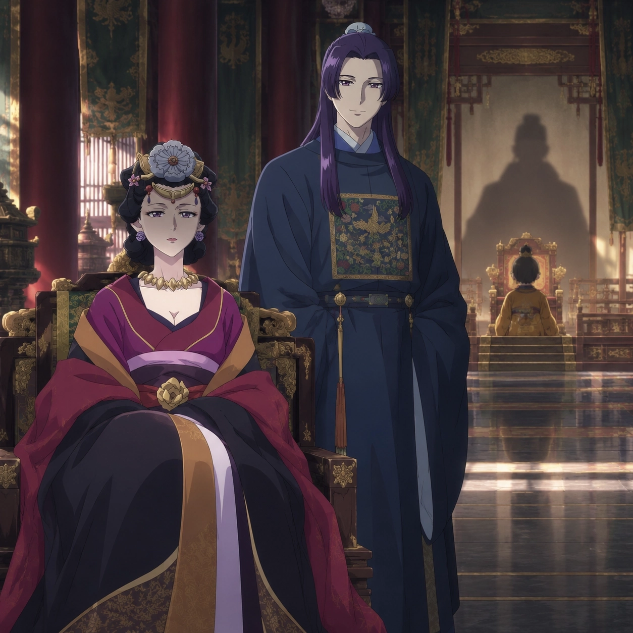 Anshi sits beside Jinshi, her legally recognized son and an adult succession alternative