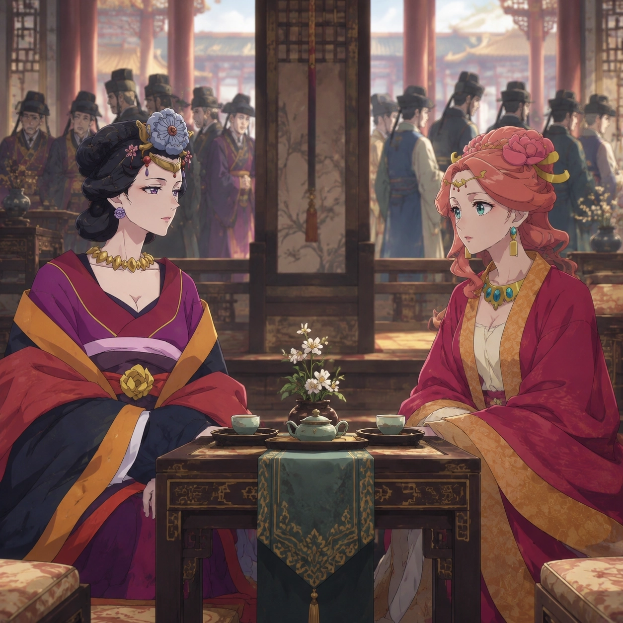 Anshi and Gyokuyou speak politely while rival court factions gather behind them