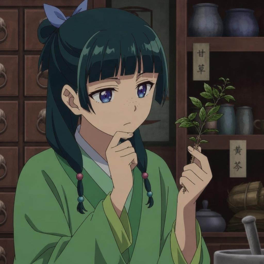 Maomao studying an herb in an apothecary room for a light novel versus manga comparison guide