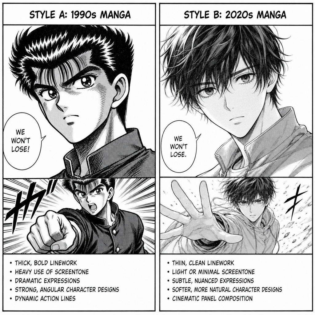 Black and white manga style comparison showing different panel art approaches