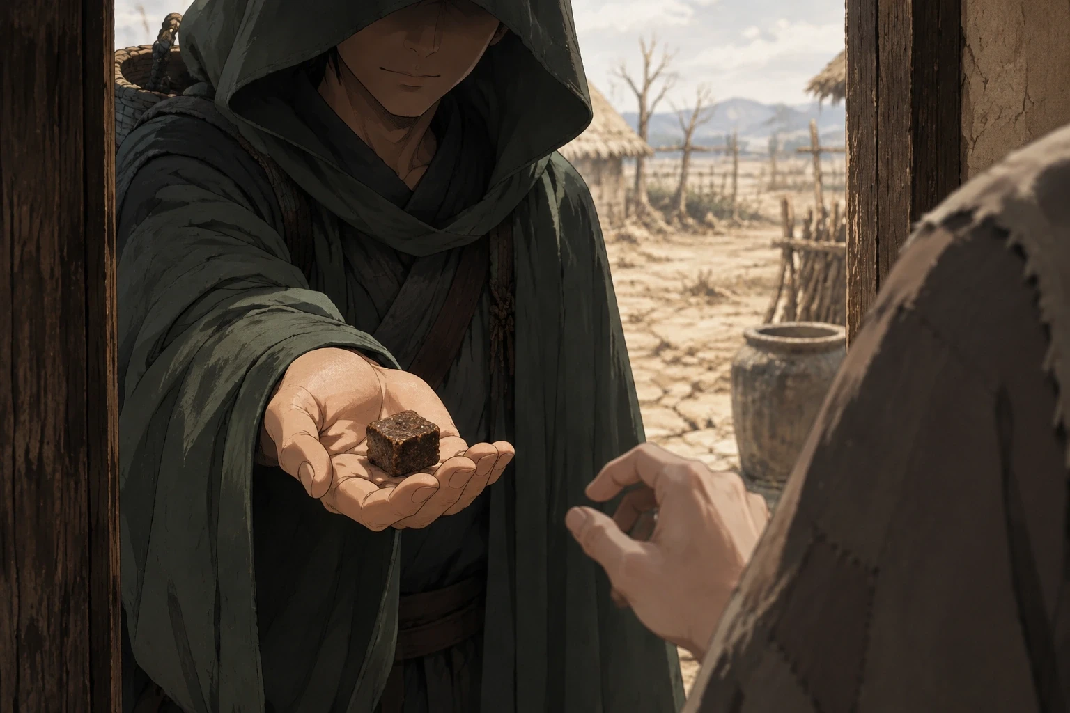 A cloaked merchant offers a dark-brown medicine block to a hesitant recipient at a rural doorway