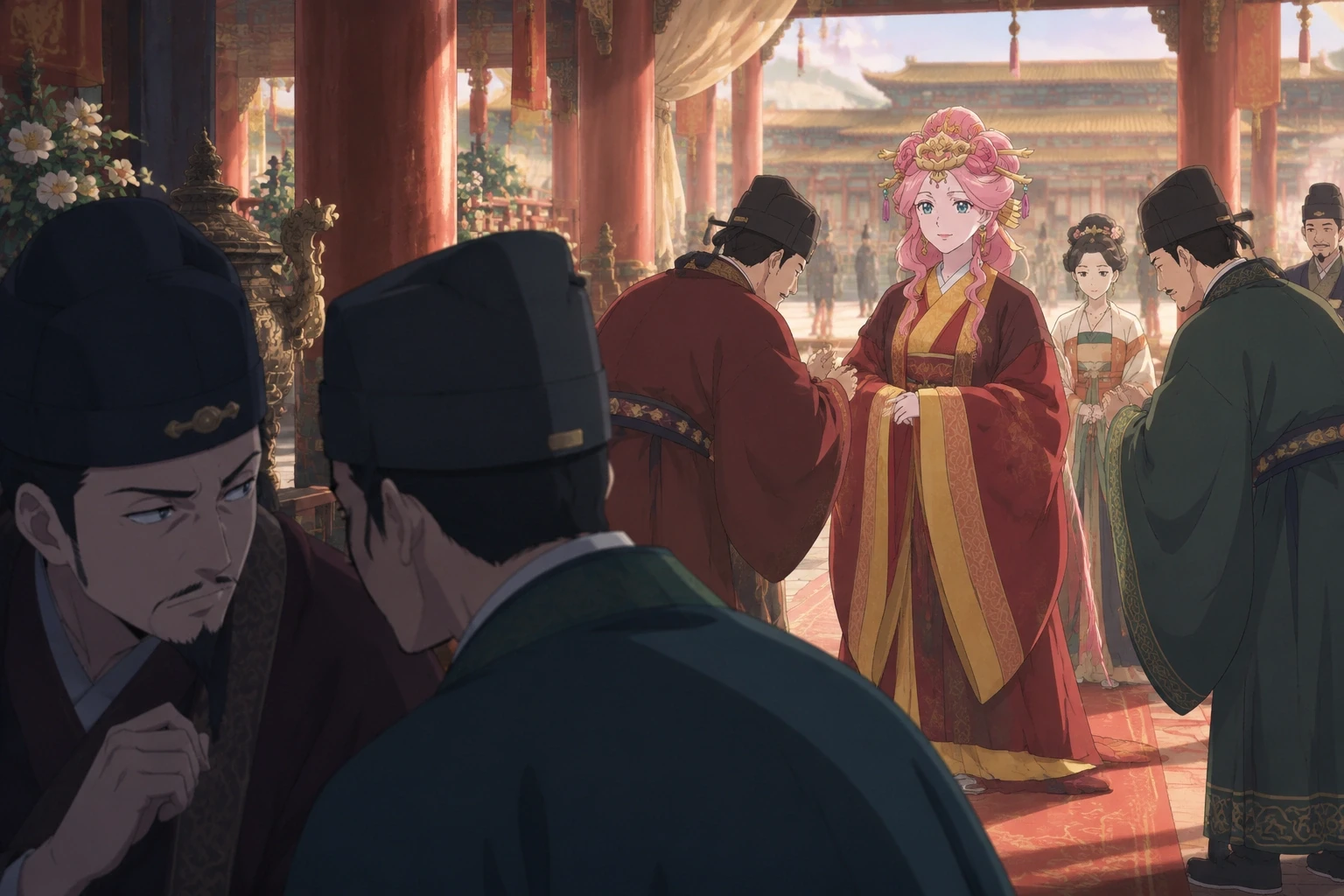 Gyokuyou at an imperial celebration, with officials bowing and others whispering nearby