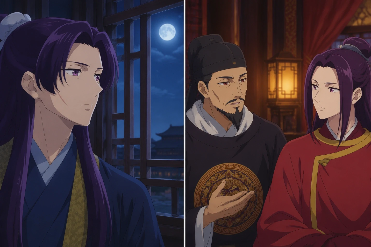 The Emperor speaks with Ah-Duo in a warm interior while Jinshi stands alone at a moonlit window in a separate scene