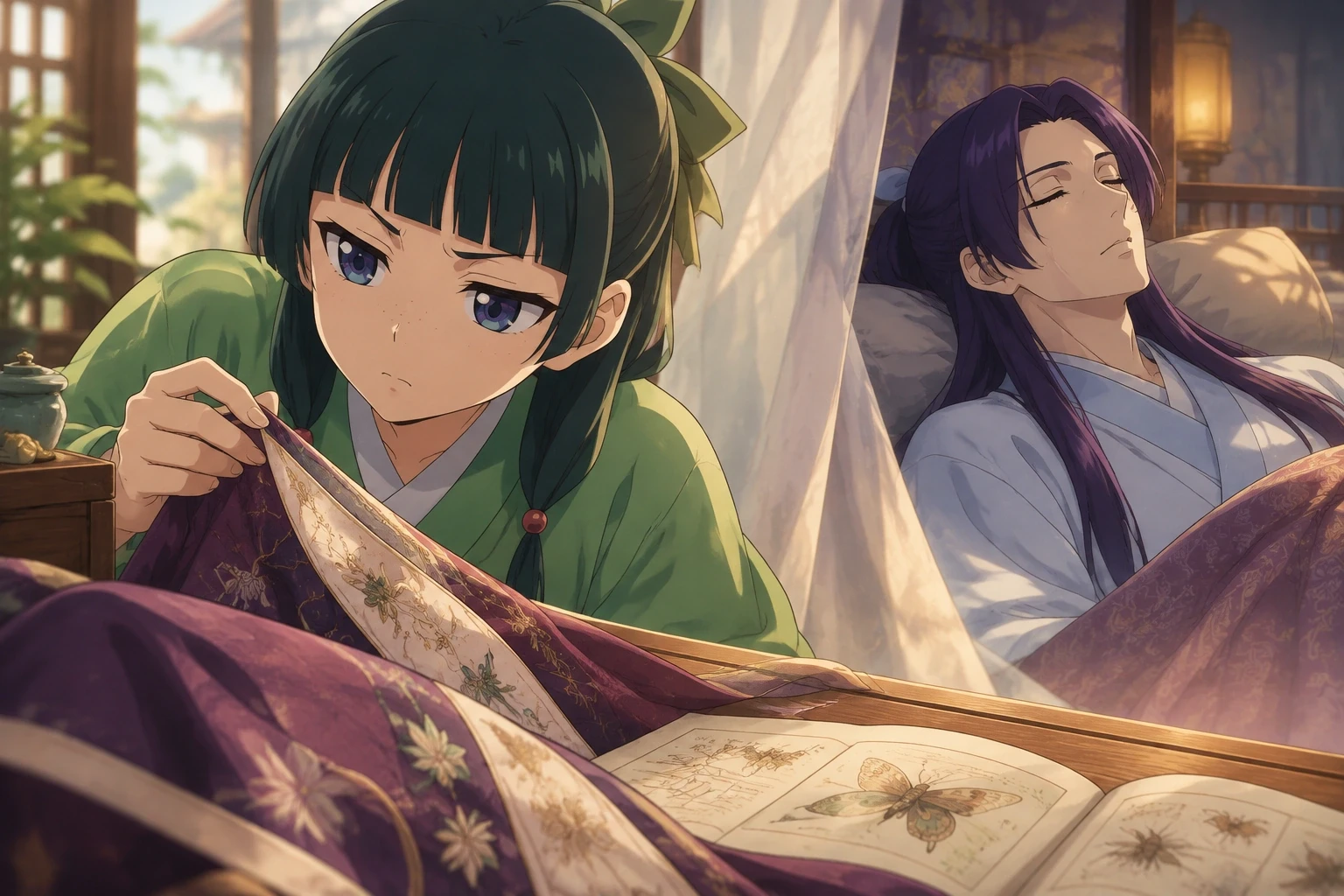 Symbolic composition of Maomao examining an embroidered robe, an insect book, and Jinshi resting behind a curtain