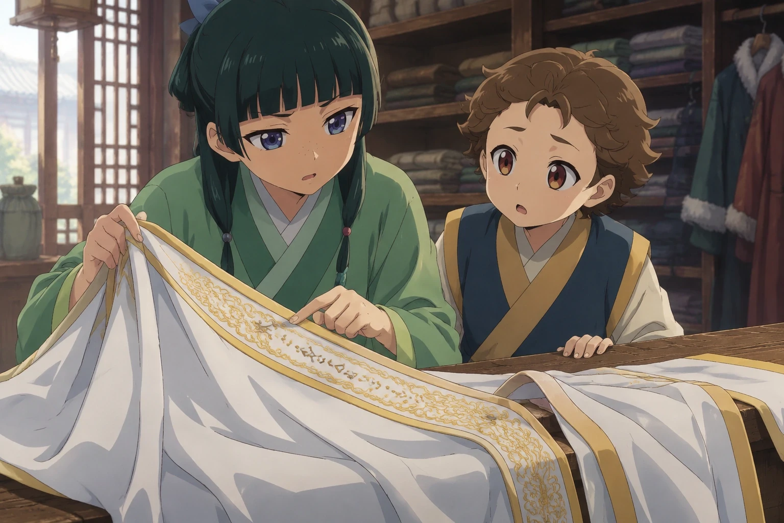 Maomao points to the embroidered markings on a pale robe while Chou-u watches in a clothing shop