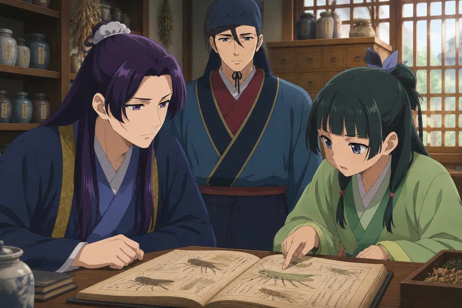 Maomao points to an insect encyclopedia as Jinshi studies the page and Gaoshun watches inside the apothecary room