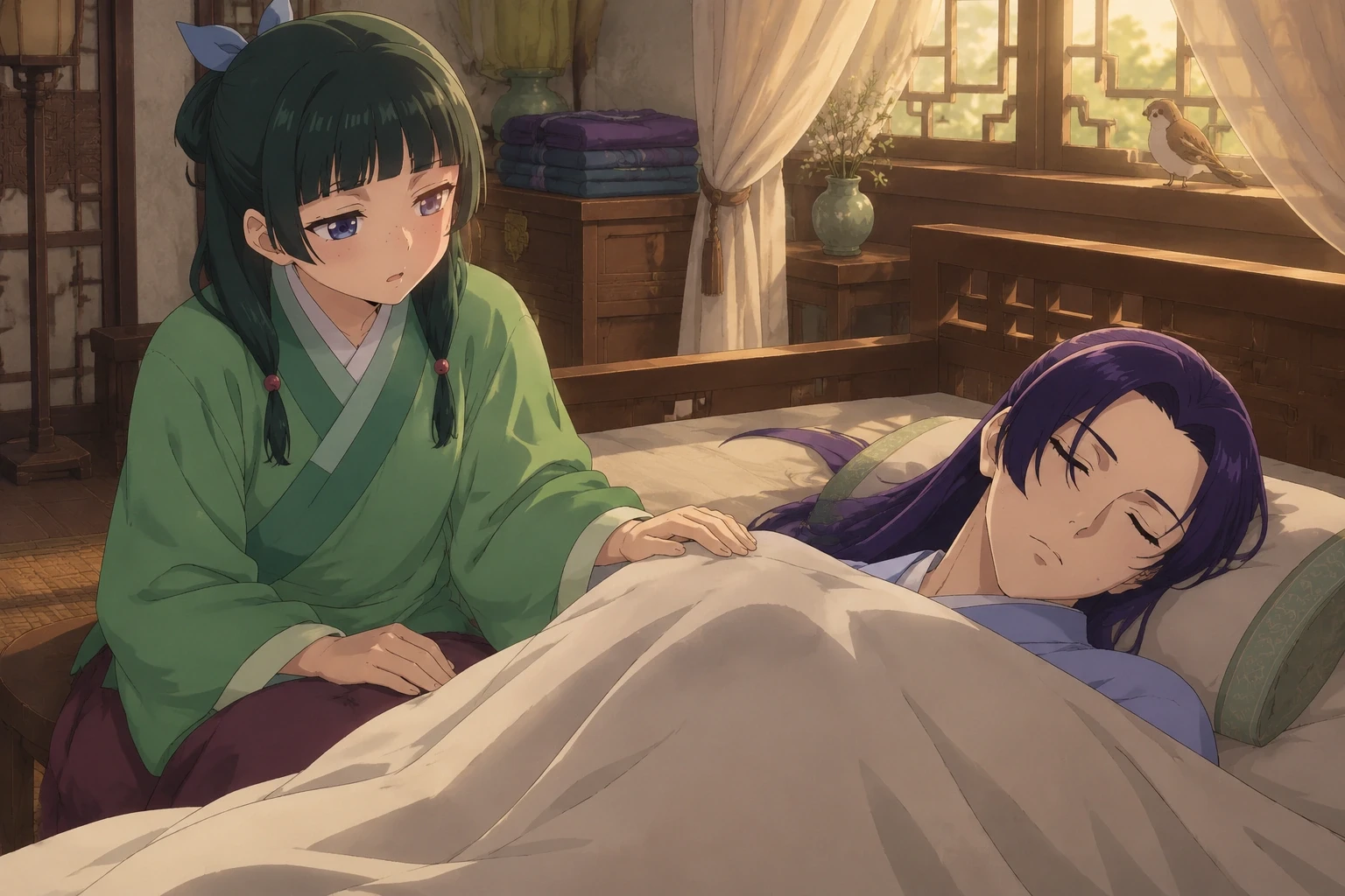 Maomao sings beside a sleeping Jinshi with one hand on his blanket and a bird at the window