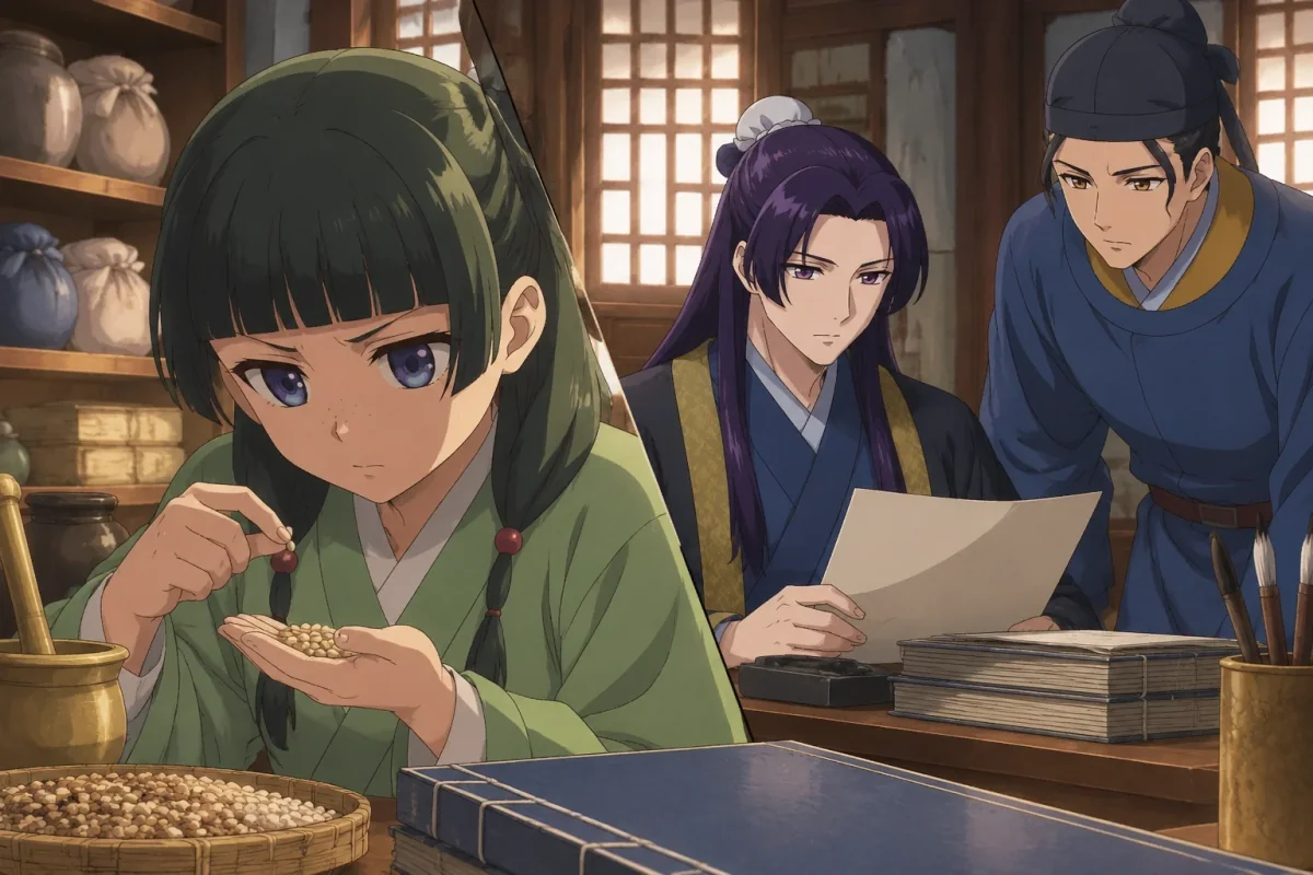 Illustration of Maomao examining grain and Jinshi reviewing documents with Basen in separate scenes