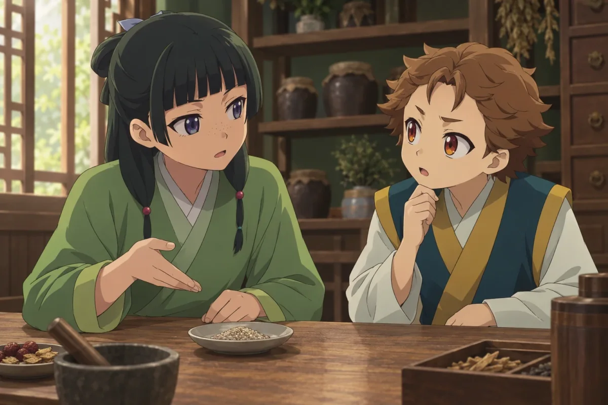 Maomao explains her observations to Chou-u beside a small dish of grain in the apothecary shop