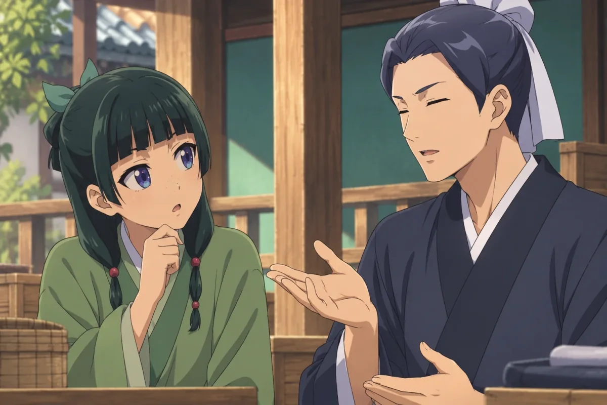 Ukyou explains his approach to assigning work while Maomao listens on a wooden veranda
