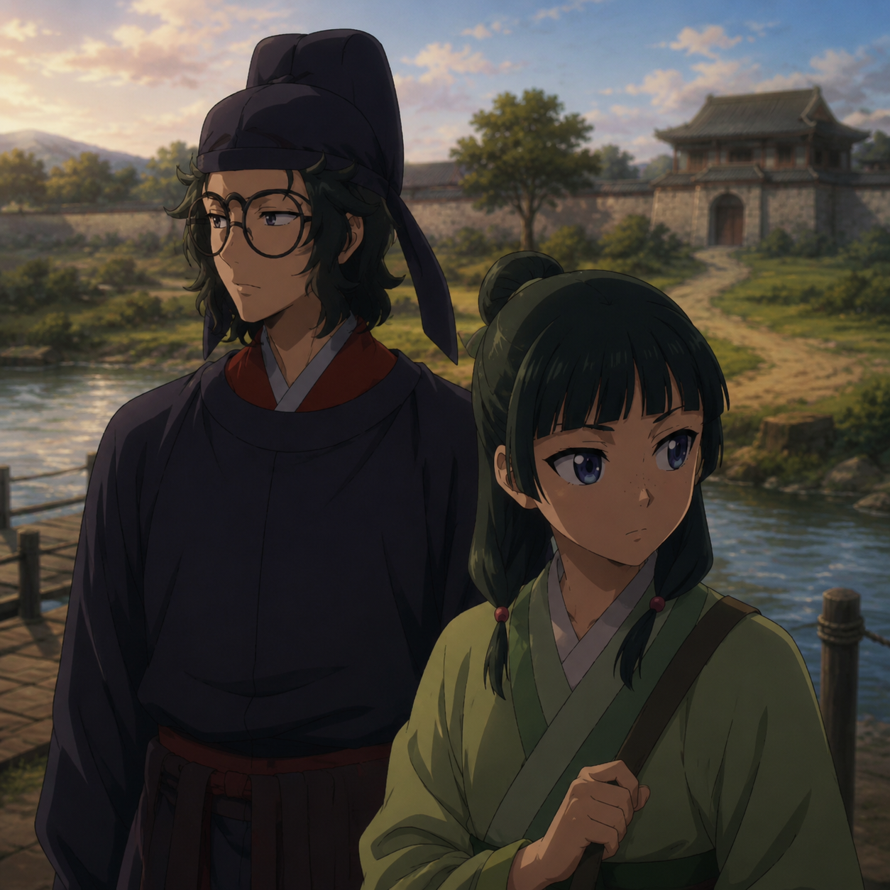 Lahan and Maomao approaching a rural La family estate while crop fields hint at the real purpose of the visit