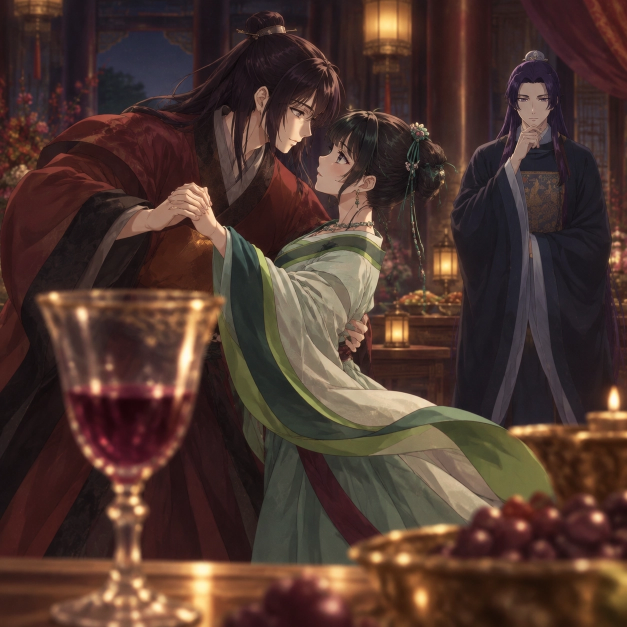 Original editorial image of a rare fruit wine glass, a dance floor, and Jinshi's distant silhouette