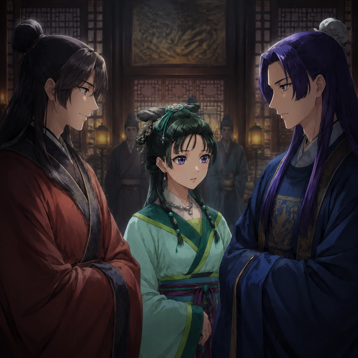 Original editorial image of a sealed court room where Maomao stands between Lu Sun's smile and Jinshi's watchful gaze