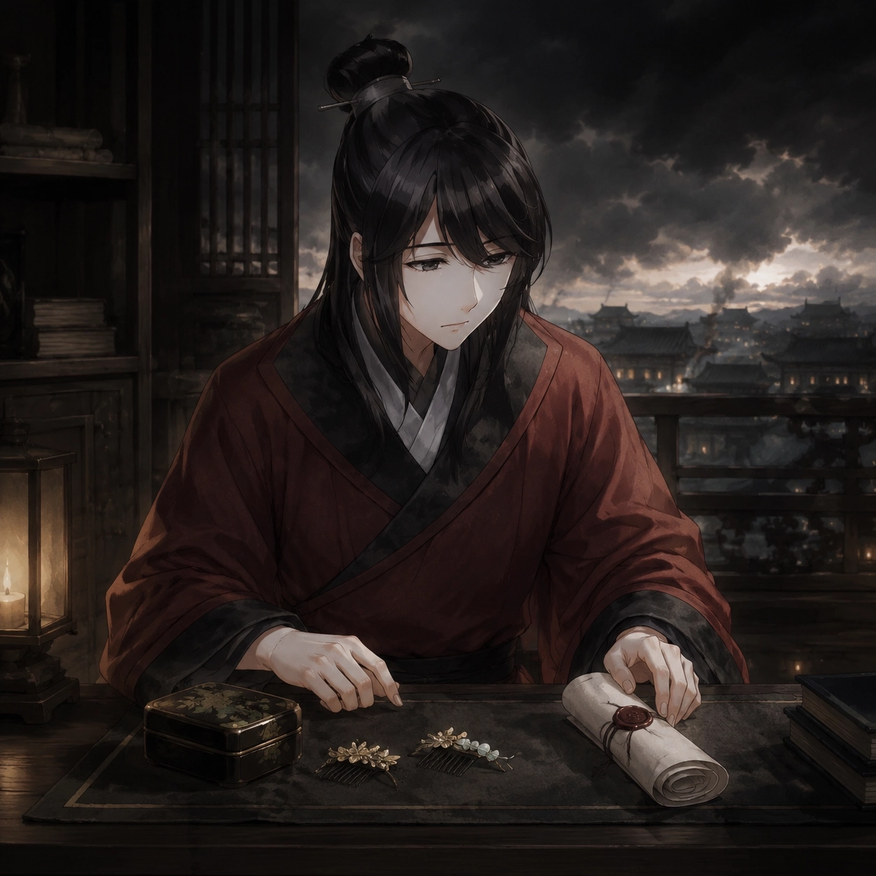 Symbolic editorial placeholder of Rikuson weighing a family token against a Western Capital report
