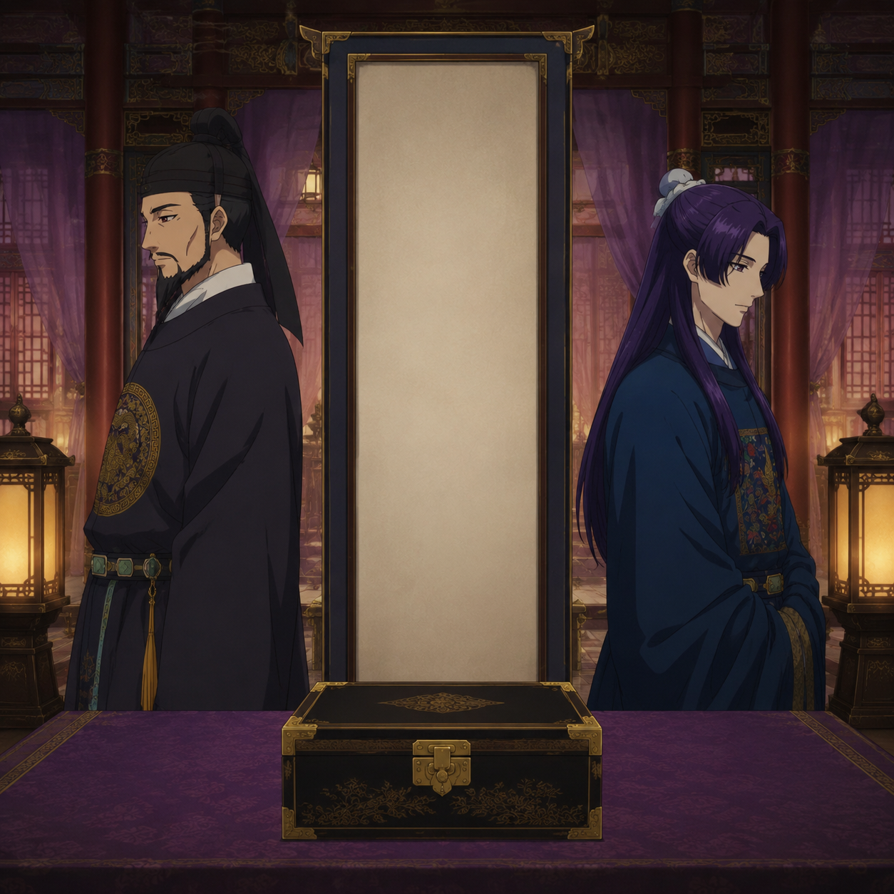 The Emperor and Jinshi standing back to back beside a blank imperial family register screen