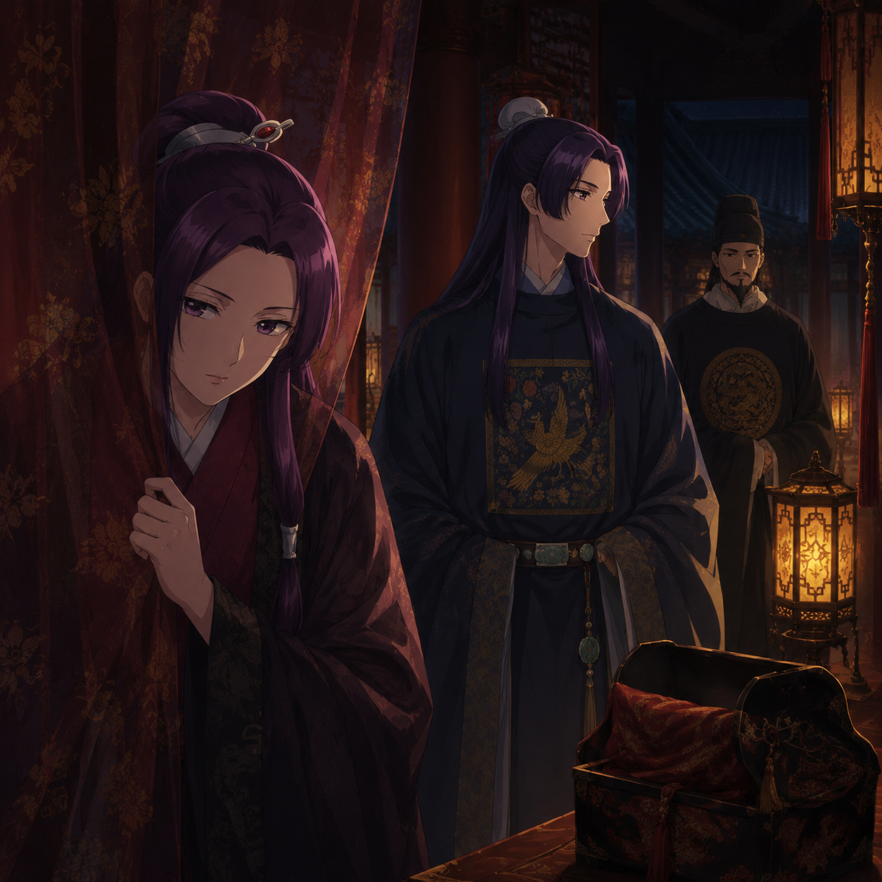 Ah-Duo hiding behind a curtain while Jinshi and the Emperor stand near a sealed cradle box