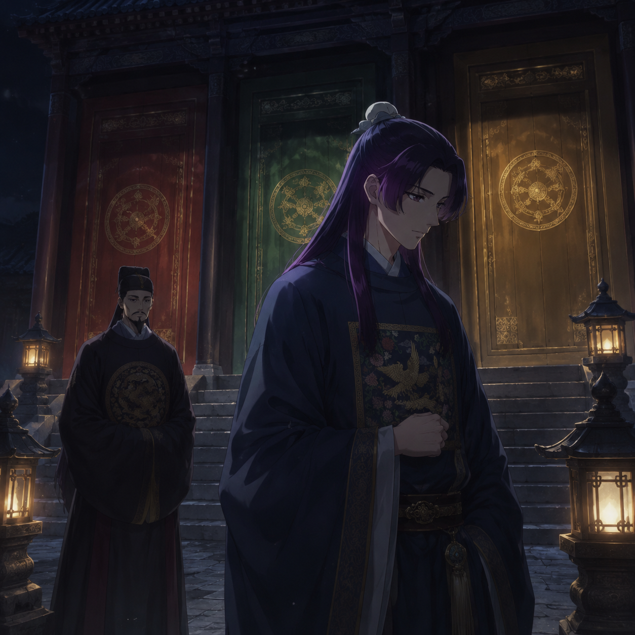Jinshi hesitating before the red, green, and gold doors of the Shrine of Choosing while the Emperor watches