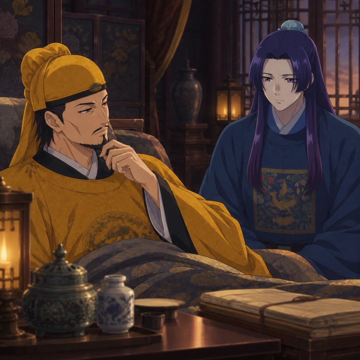 The Emperor and Jinshi considering succession during the Emperor's illness