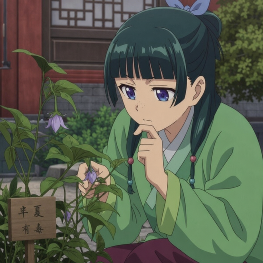 Maomao studying medicinal plants for an Apothecary Diaries Light Novel 5 guide