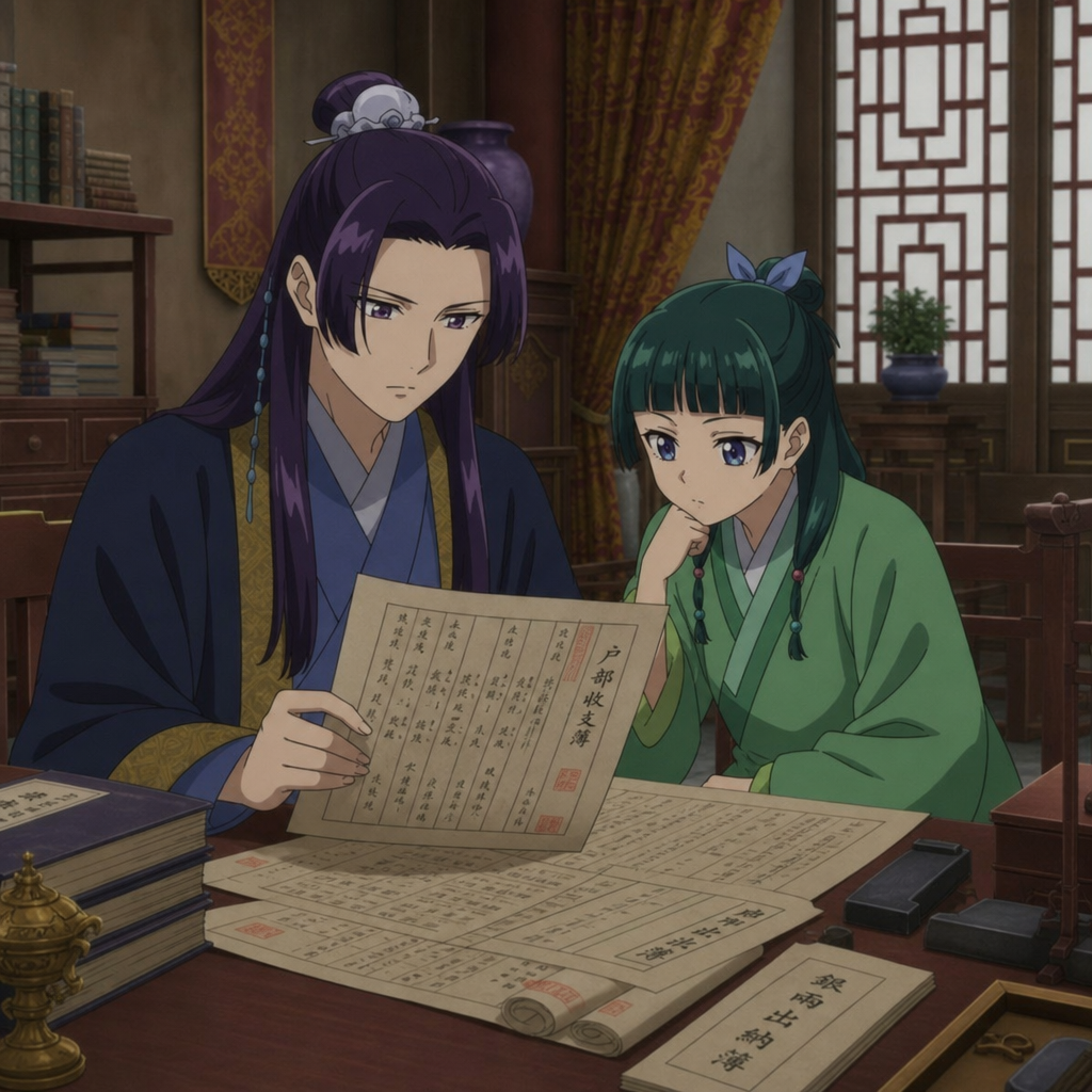 Maomao and Jinshi reviewing palace documents for an Apothecary Diaries Season 3 guide