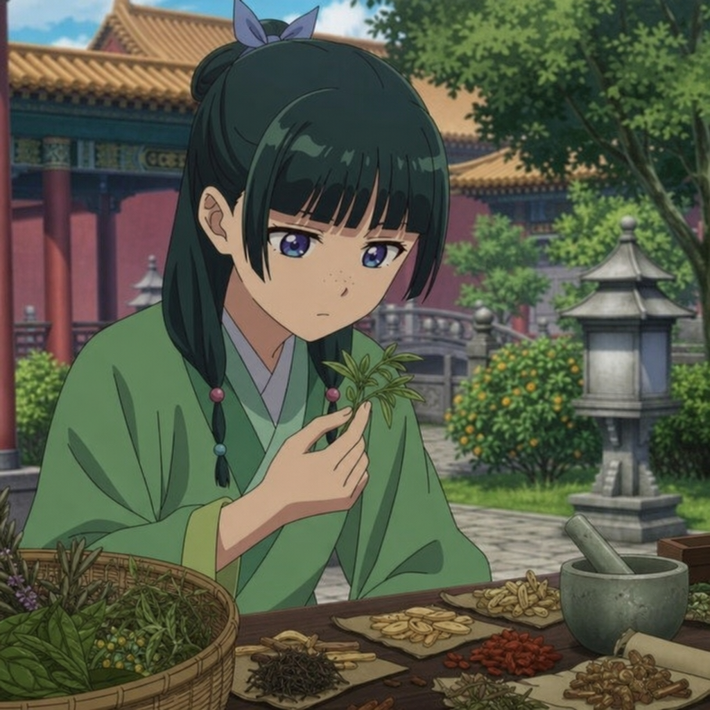 Maomao examining medicinal herbs in an imperial palace garden for an Apothecary Diaries manga guide