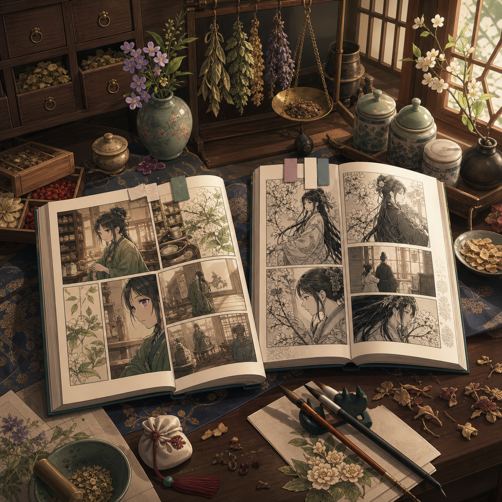 Illustrated manga guidebook and herbal notes for exploring The Apothecary Diaries world