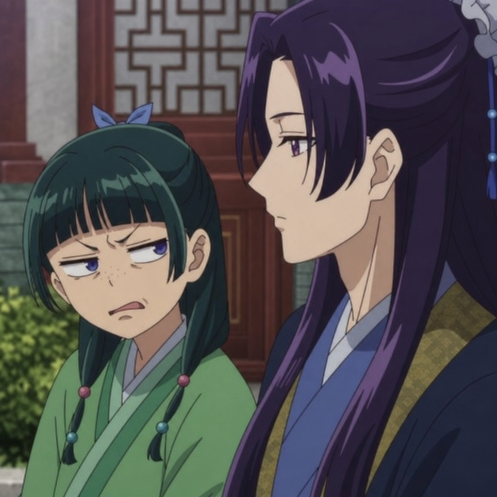 Maomao giving Jinshi a skeptical side-eye in an Apothecary Diaries relationship analysis image