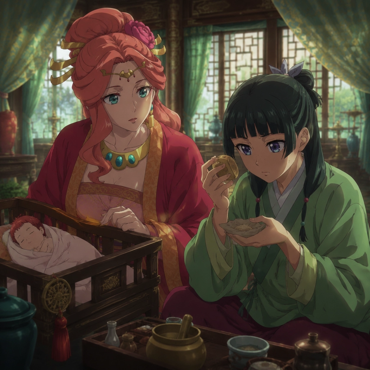 Original editorial image of Gyokuyou and Maomao examining powder beside an imperial cradle
