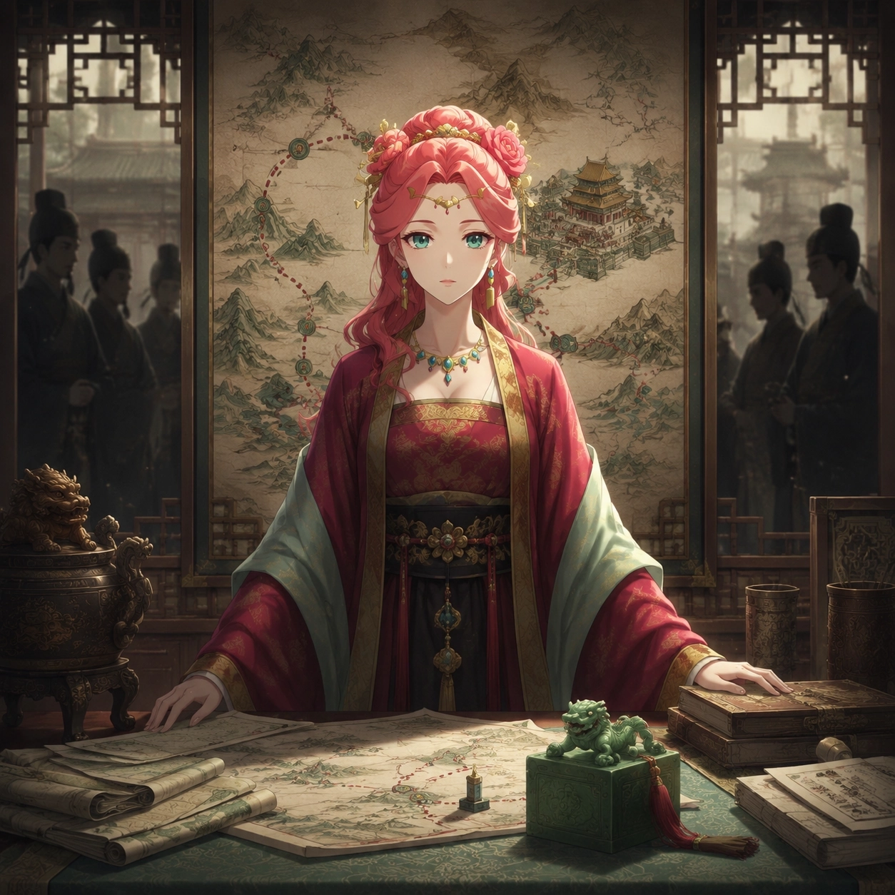 Original editorial image of Gyokuyou before western maps and central court silhouettes