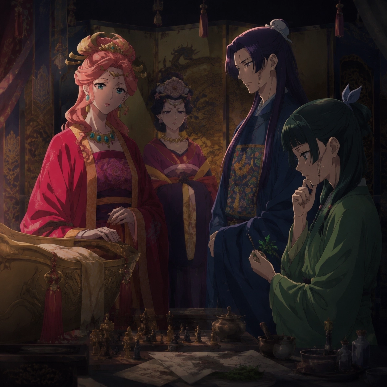 Original editorial image of Gyokuyou, Jinshi, Anshi, and Maomao around succession pressure