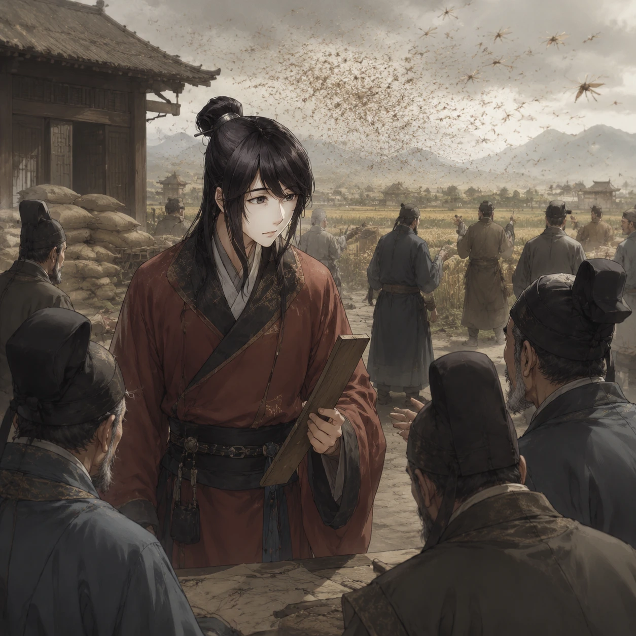 Rikuson coordinating a practical response to a locust crisis in the Western Region