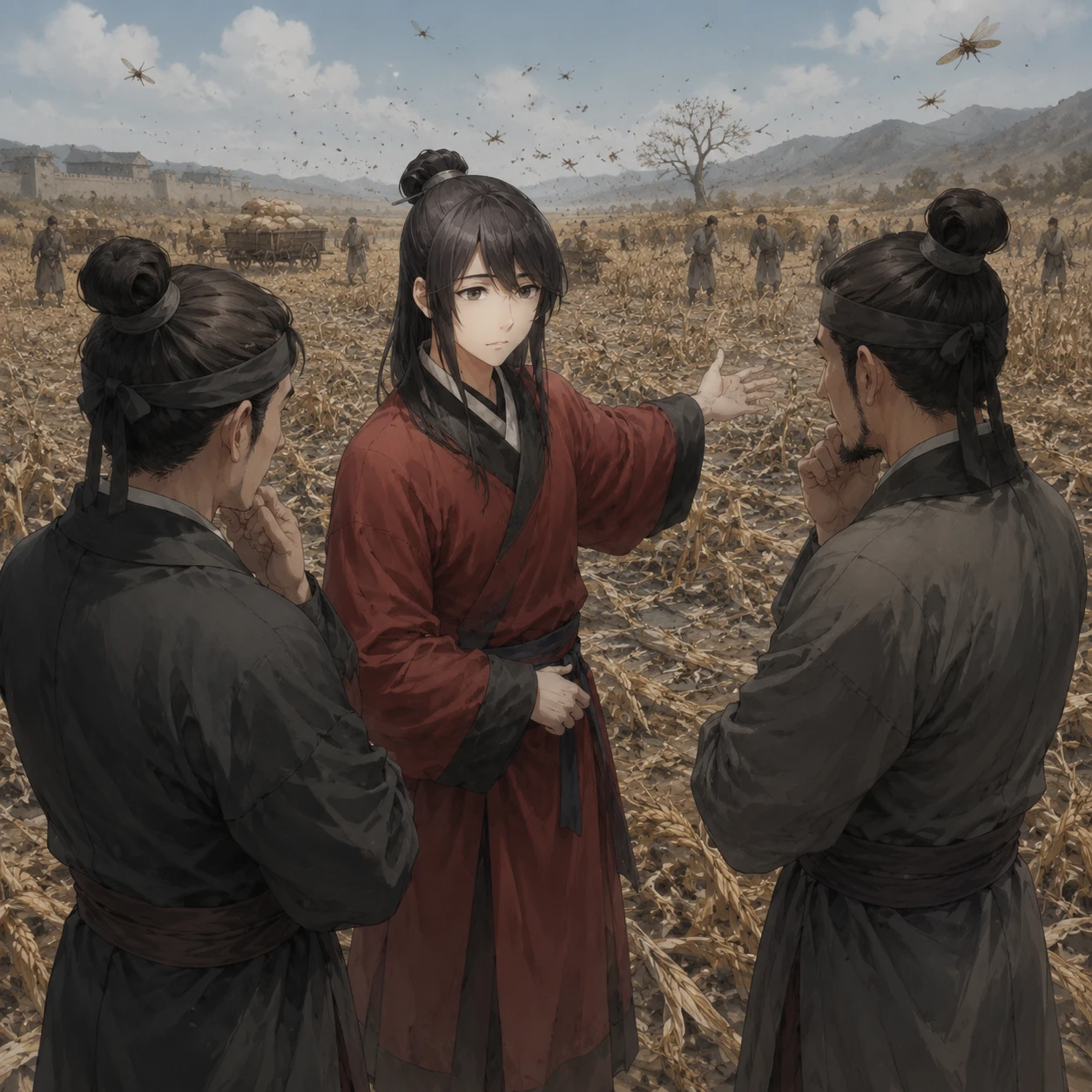 Original editorial image of Rikuson conferring with local deputies beside a damaged field