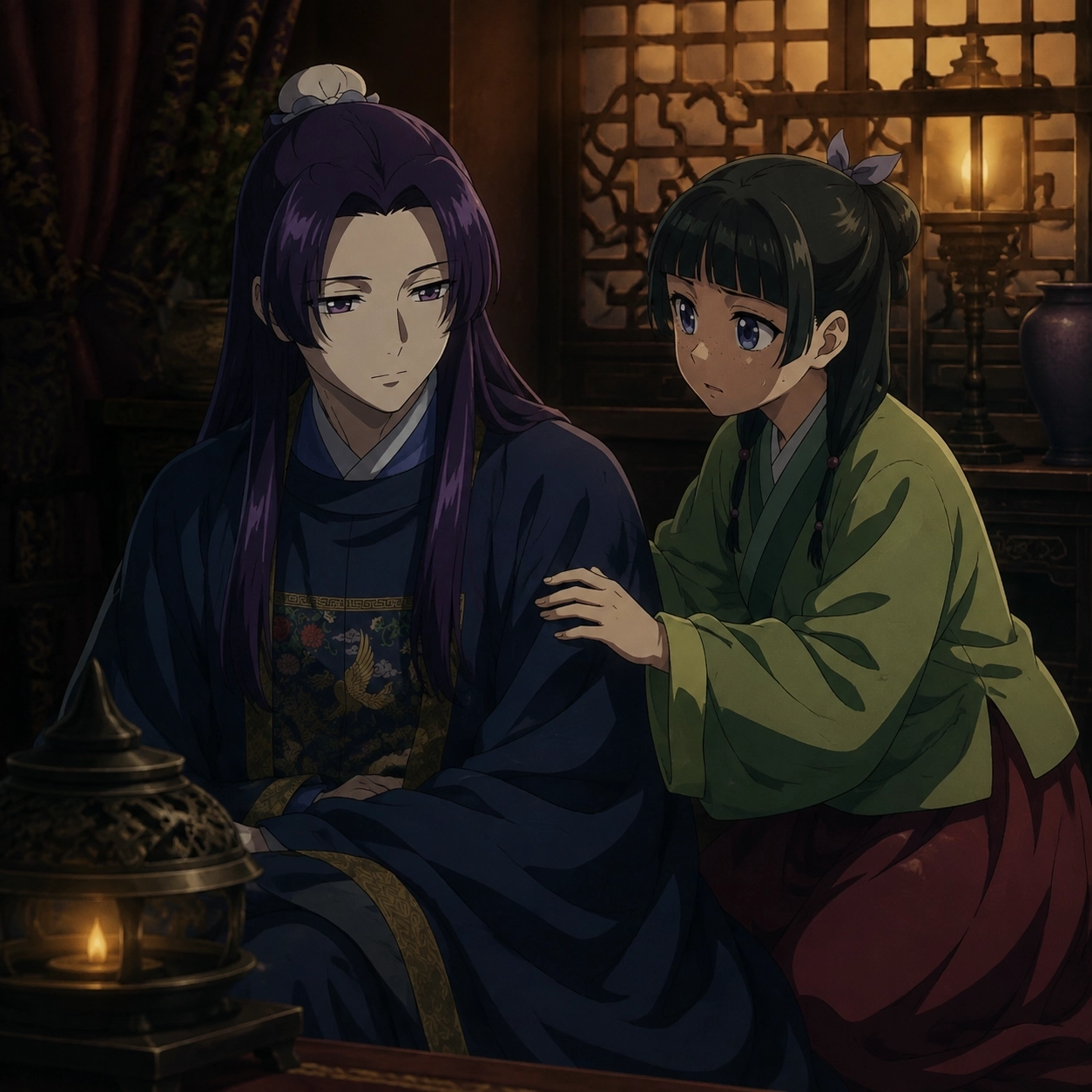 Jinshi and Maomao in a palace room after the secret meeting, with Maomao supporting him