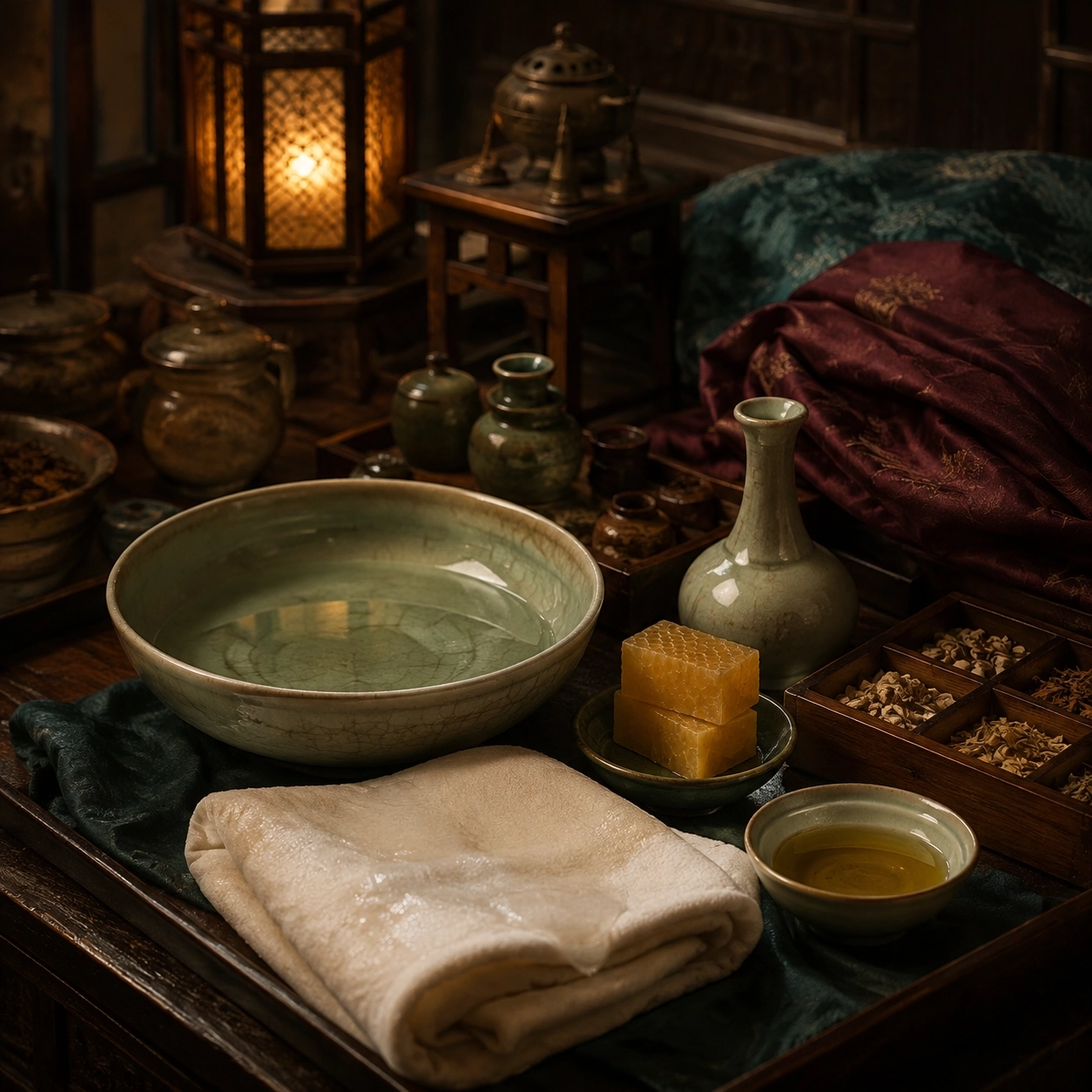 A medicine bowl, wet cloth, beeswax, and herbs arranged for Maomao's treatment of Jinshi's hidden burn