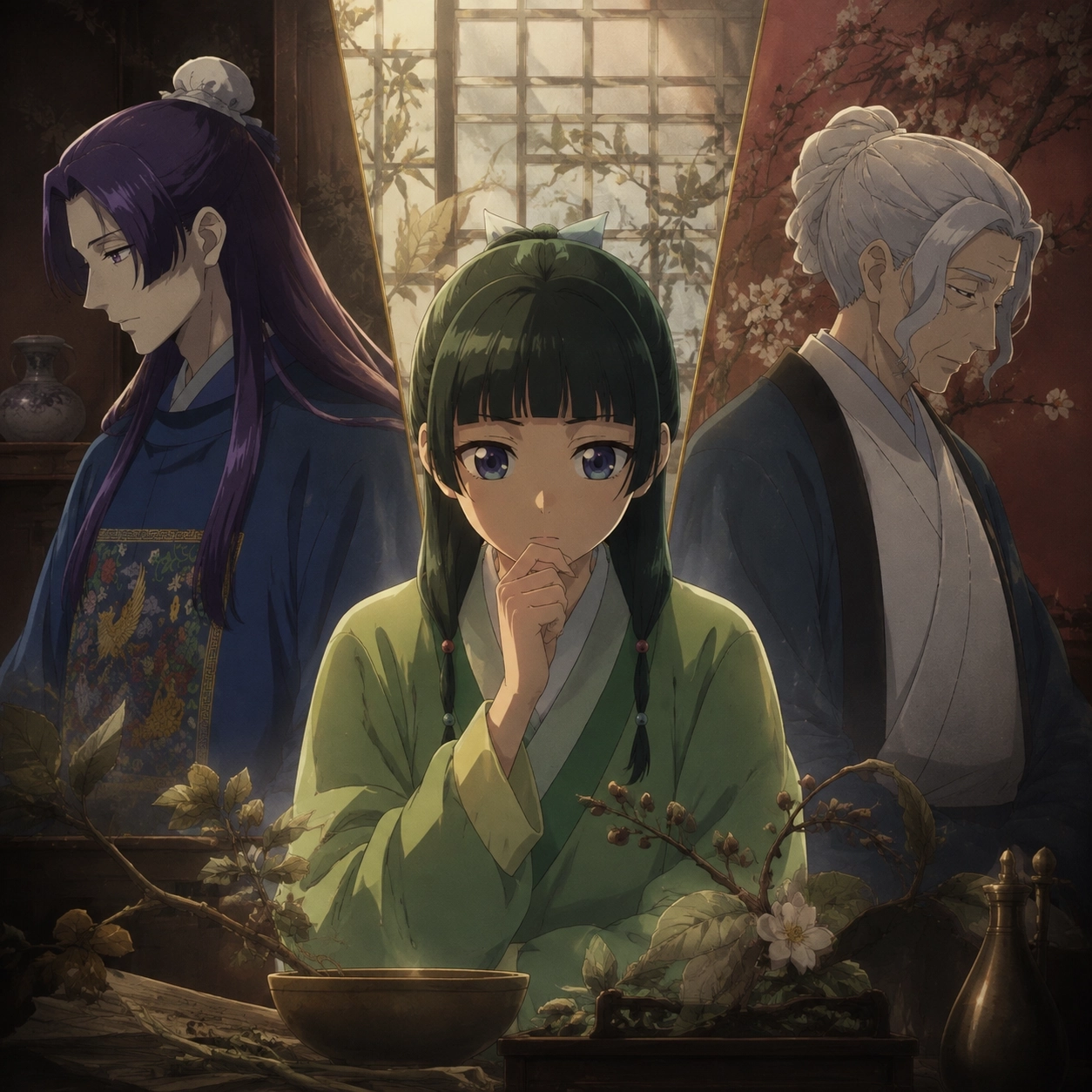Maomao between Jinshi and Luomen, recognizing their shared pattern of self-sacrifice