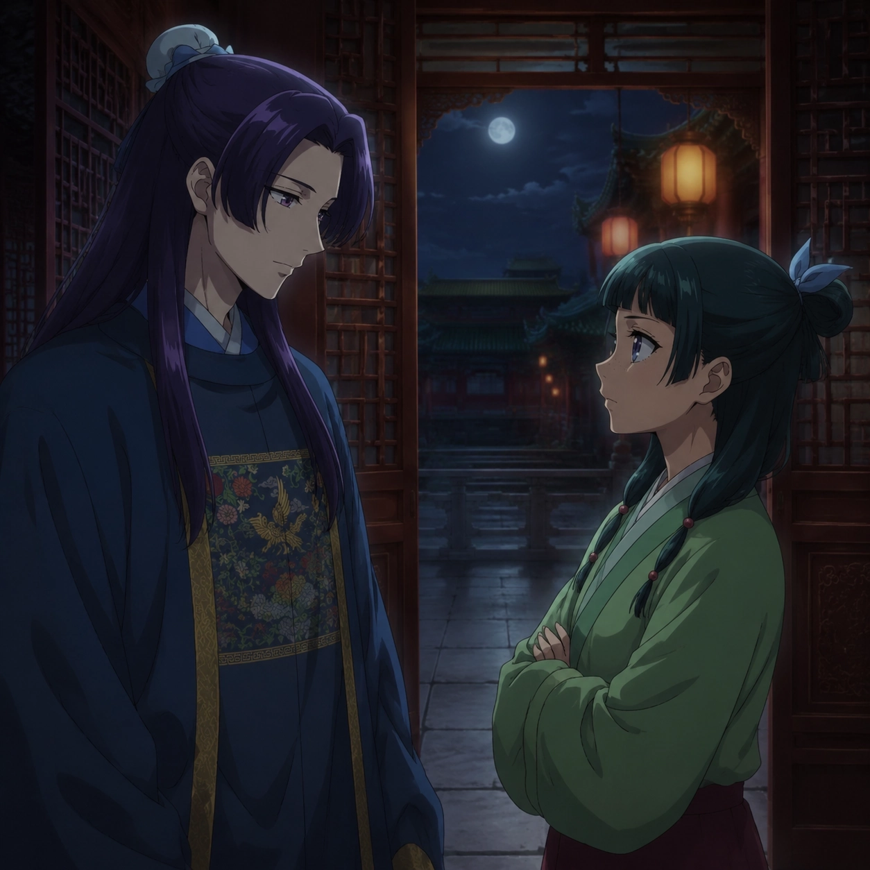 Jinshi and Maomao facing each other in a moonlit palace corridor after she begins setting emotional boundaries