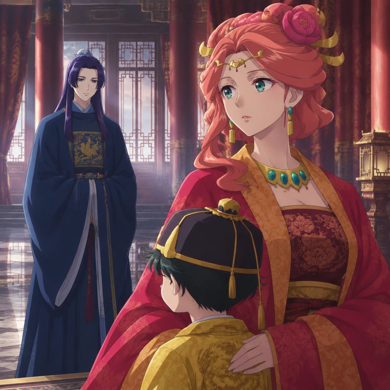 Gyokuyou guarding the position of her young son while Jinshi stands as a possible successor